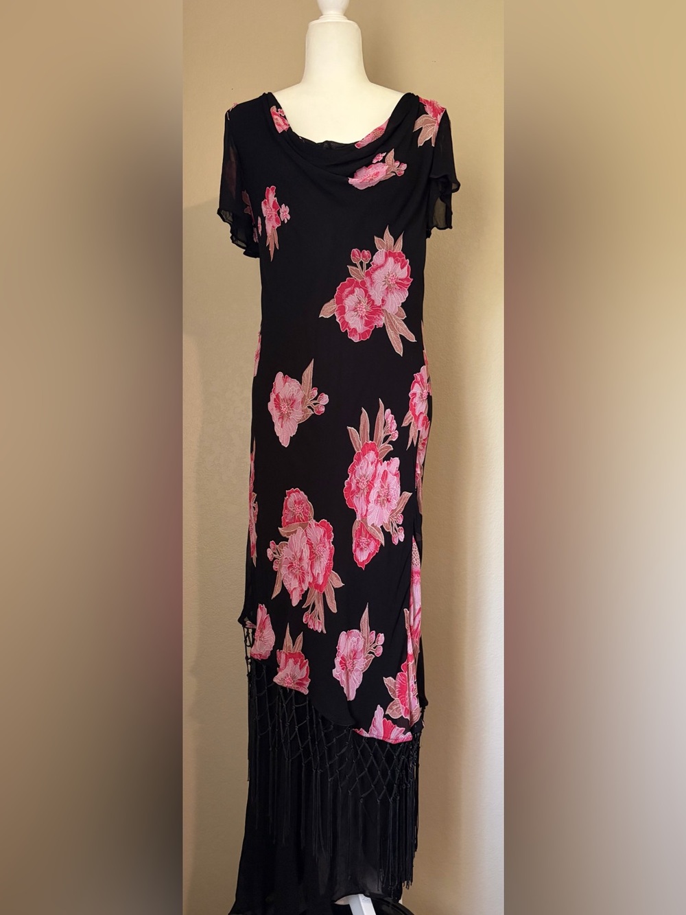 Vintage Lola P Black Pink Floral Macramé Fringe Beaded Maxi Dress L
